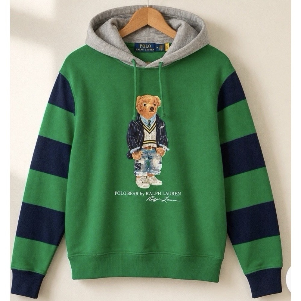 Polo Ralph Lauren Boys Green Multi Colorblock Polo Bear Pullover Hoodie 18/20XL